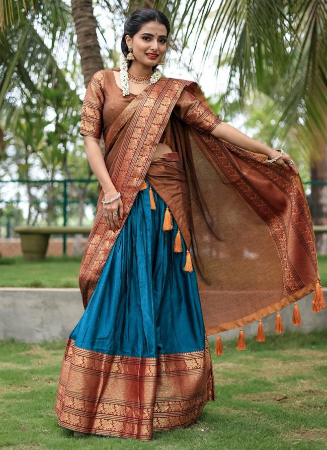 Narayan Pet Cotton Sky Blue Festival Wear Weaving Work Readymade Lehenga Choli